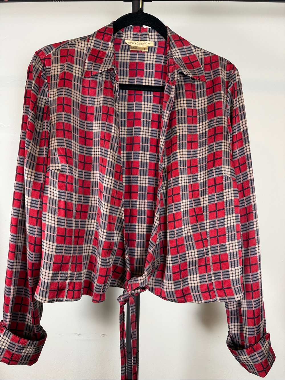 ✨Patrick Christopher Vintage 100% Silk Plaid Button Up Shirt Red Blue Size 8